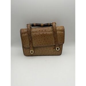 Vintage Gucci Ostrich Leather Bamboo Handle Handbag Brown Made in Italy